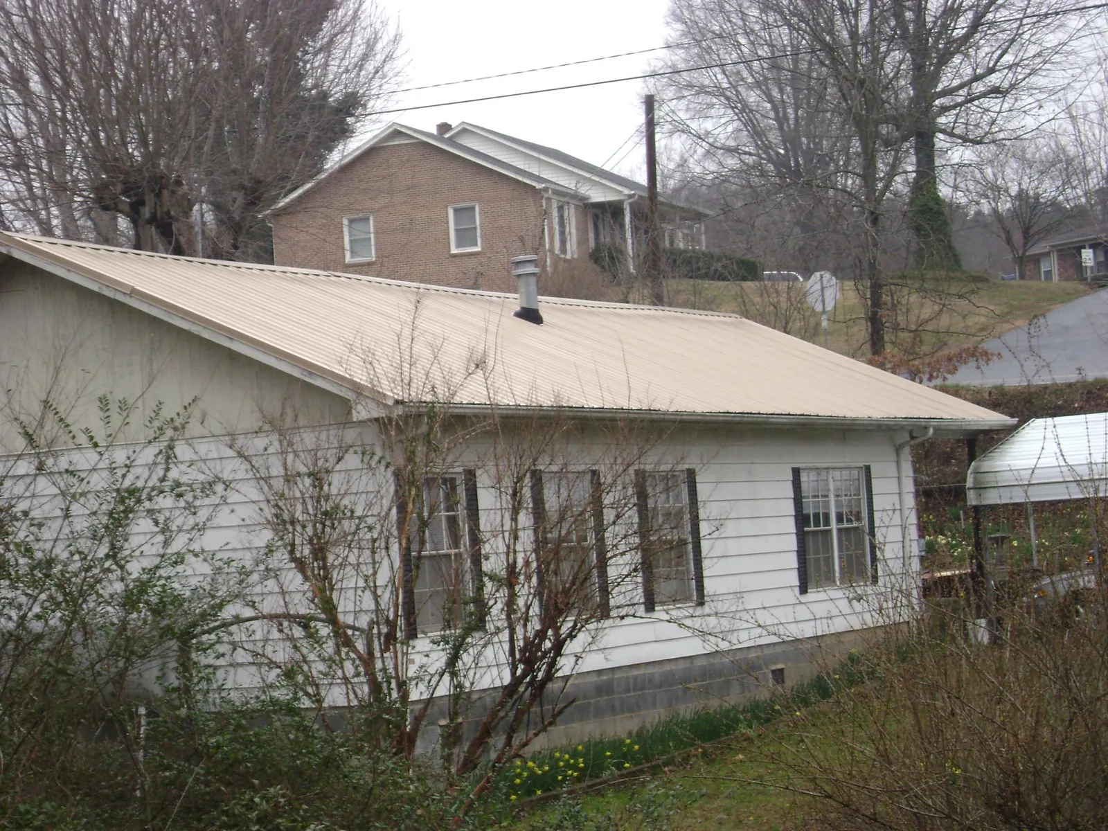 Tan metal roof on a white sided house set into a hillside in Elizabeth
